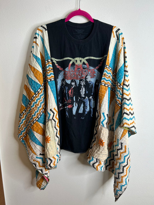 Aerosmith upcycled kantha poncho