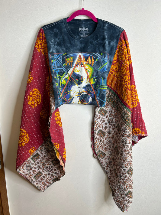Def Leppard cropped upcycled kantha poncho