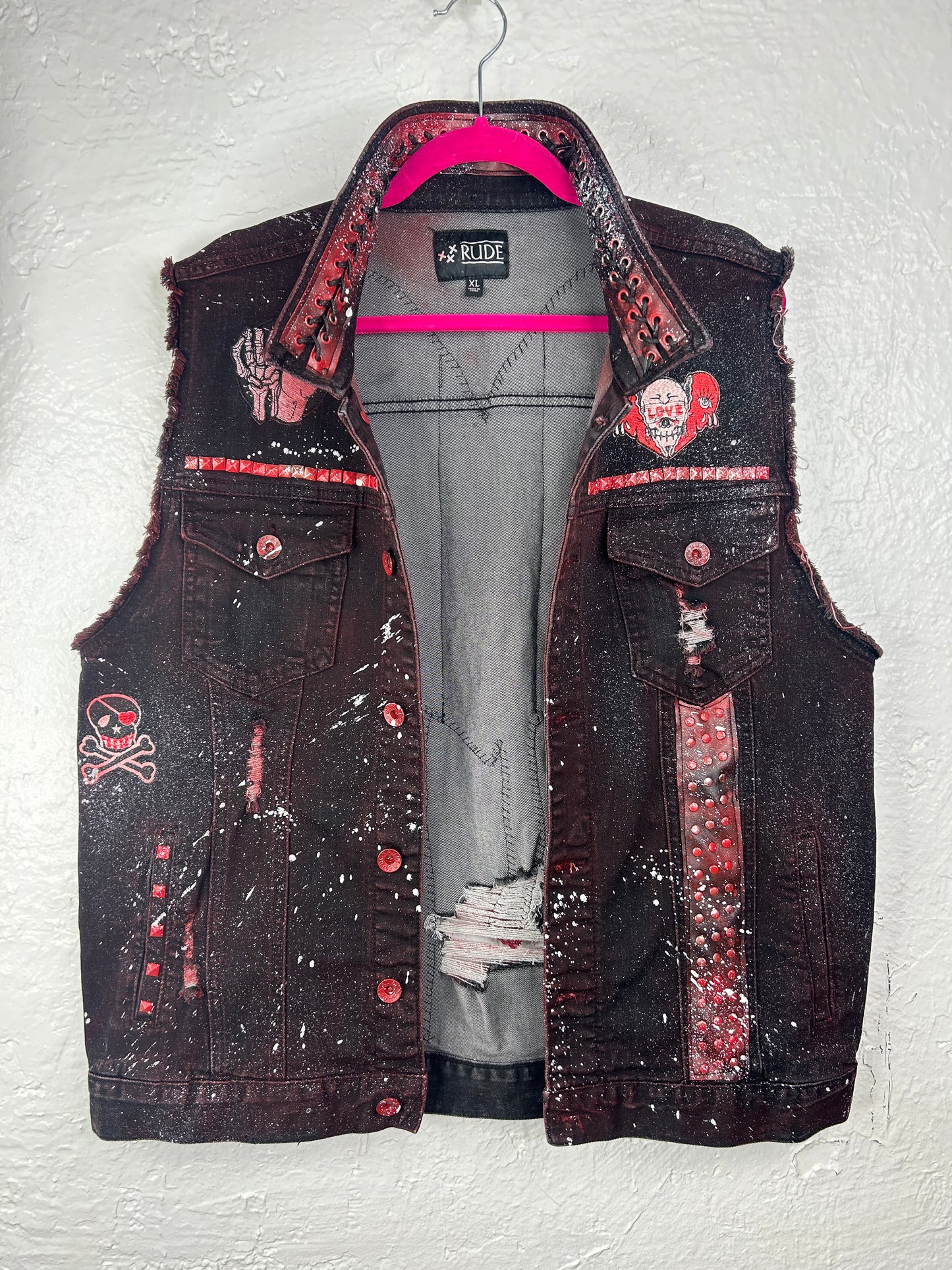 Bleeding Heart upcycled denim vest unisex/mens size XL red black