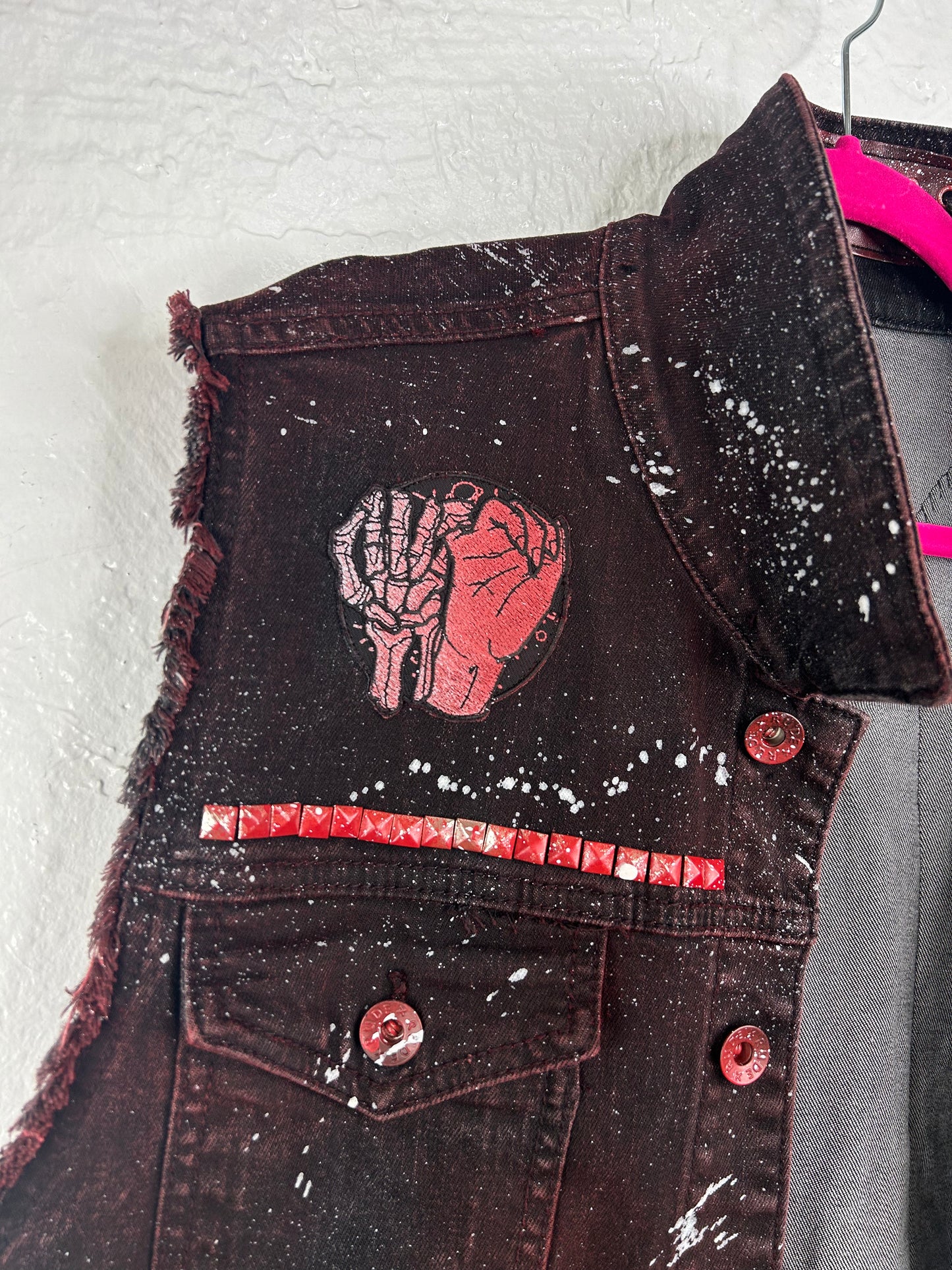 Bleeding Heart upcycled denim vest unisex/mens size XL red black