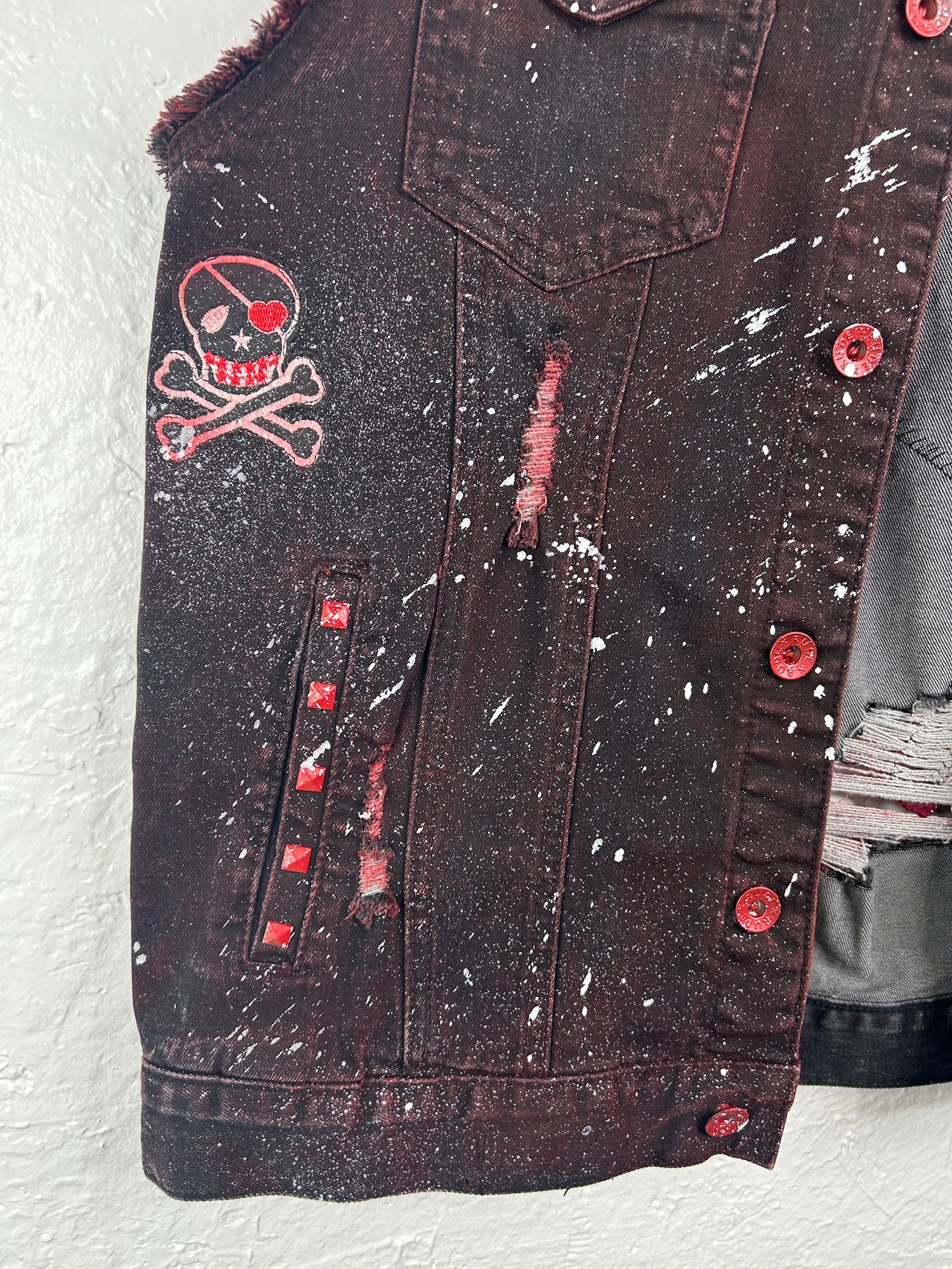 Bleeding Heart upcycled denim vest unisex/mens size XL red black