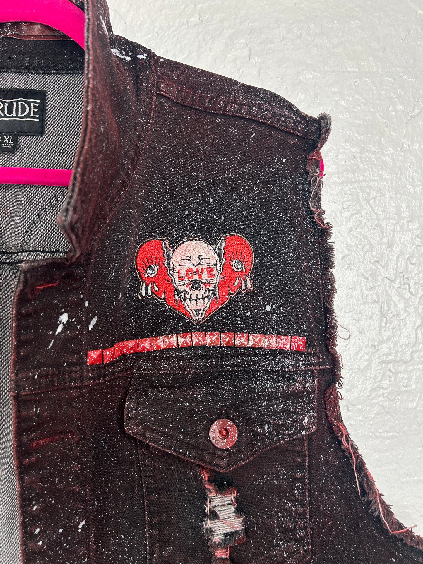 Bleeding Heart upcycled denim vest unisex/mens size XL red black