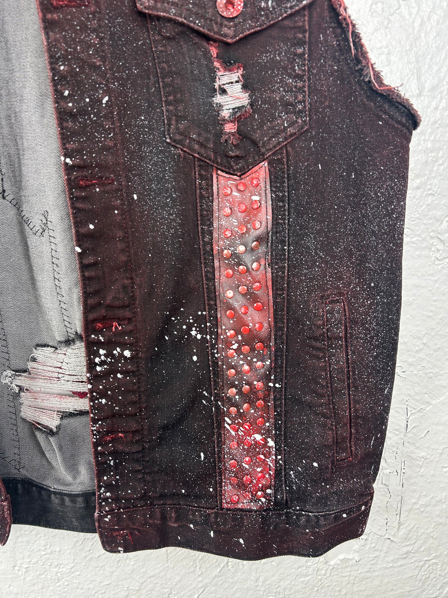 Bleeding Heart upcycled denim vest unisex/mens size XL red black