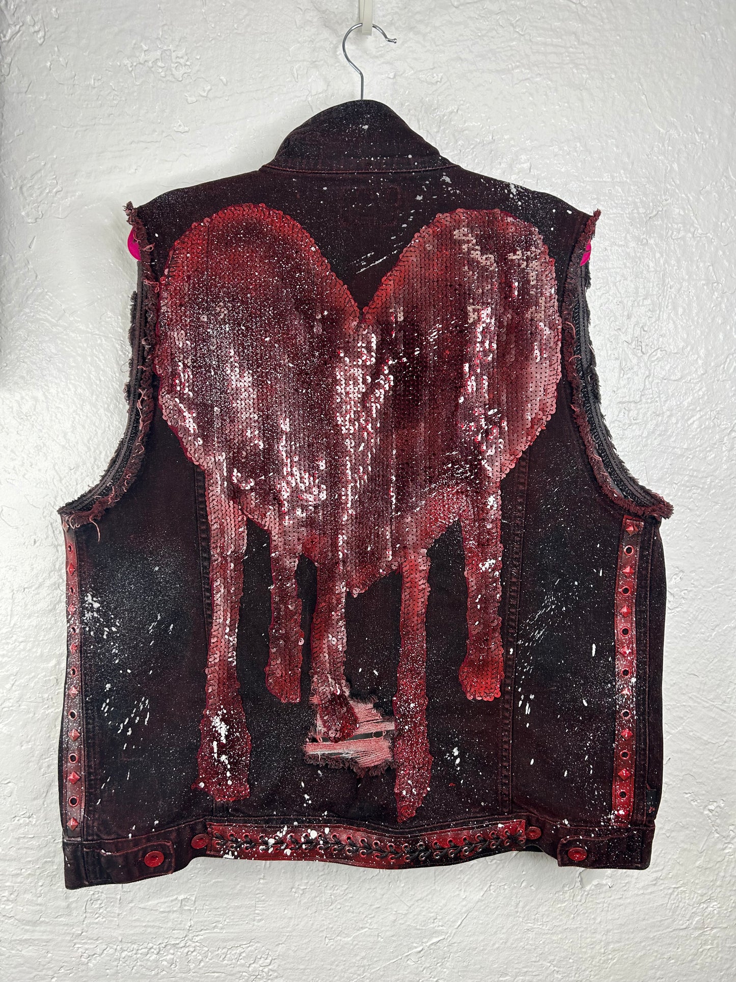 Bleeding Heart upcycled denim vest unisex/mens size XL red black