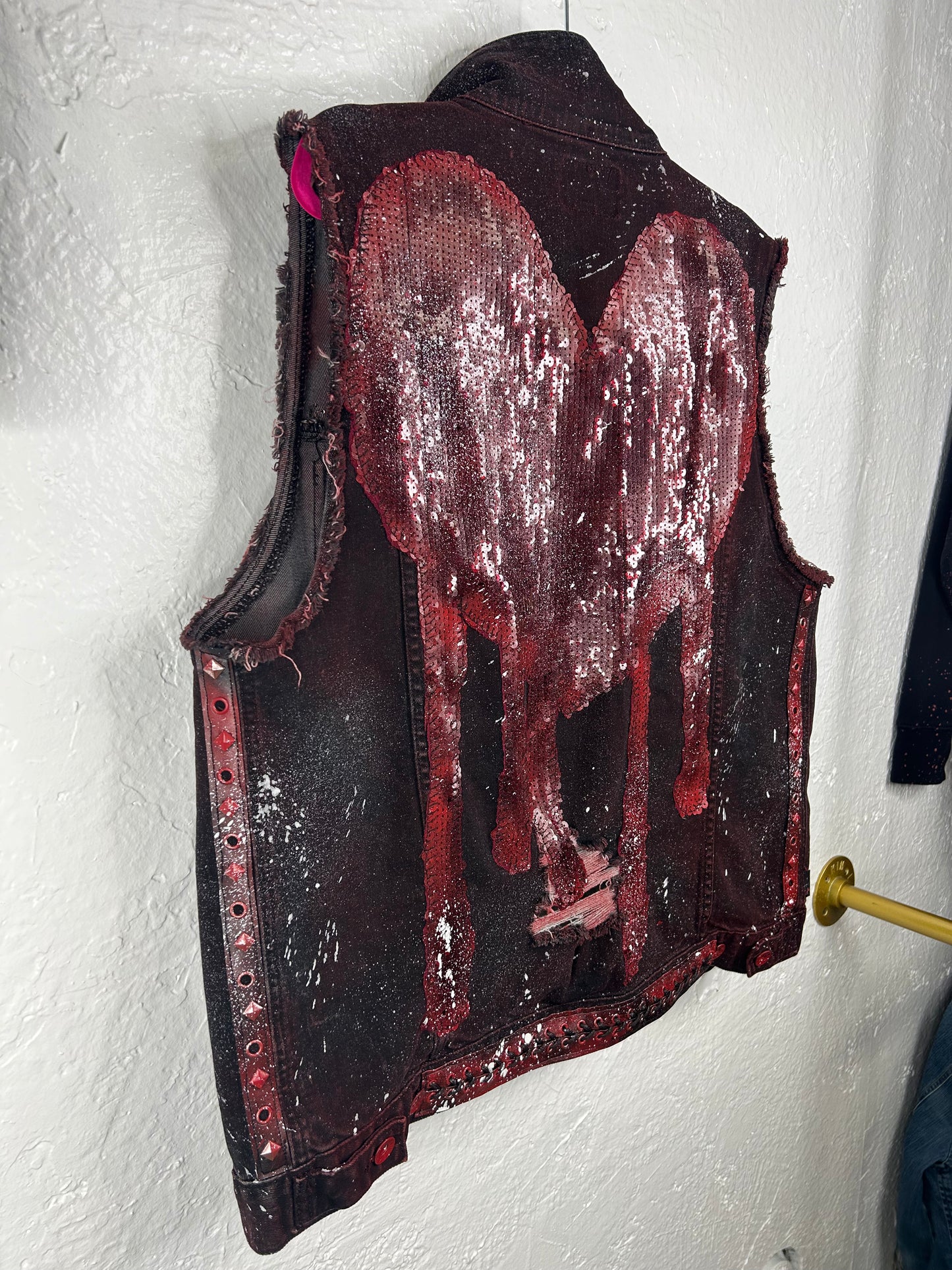 Bleeding Heart upcycled denim vest unisex/mens size XL red black