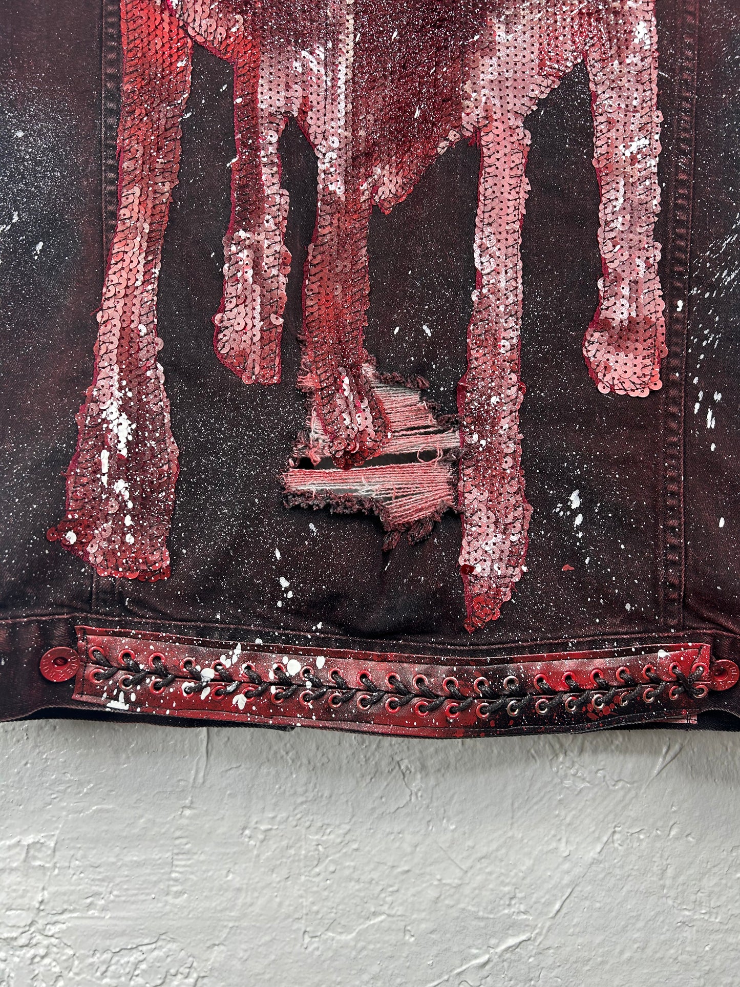 Bleeding Heart upcycled denim vest unisex/mens size XL red black