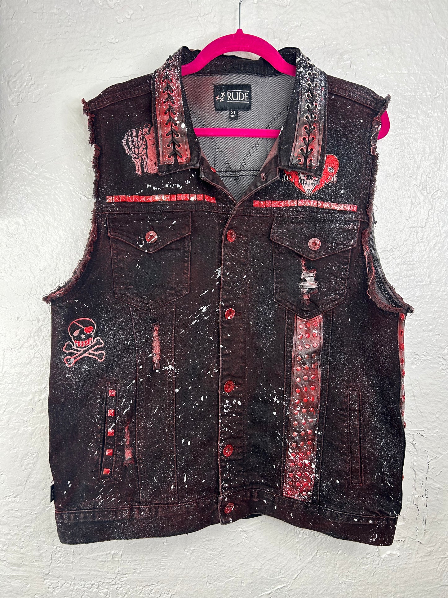 Bleeding Heart upcycled denim vest unisex/mens size XL red black