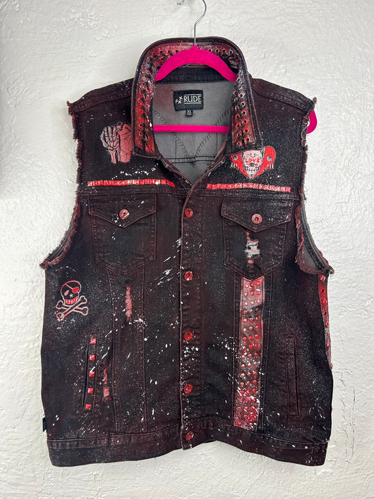 Bleeding Heart upcycled denim vest unisex/mens size XL red black