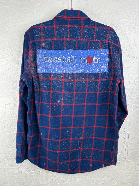 Baseball Mom upcycled flannel shirt unisex size M tall blue red