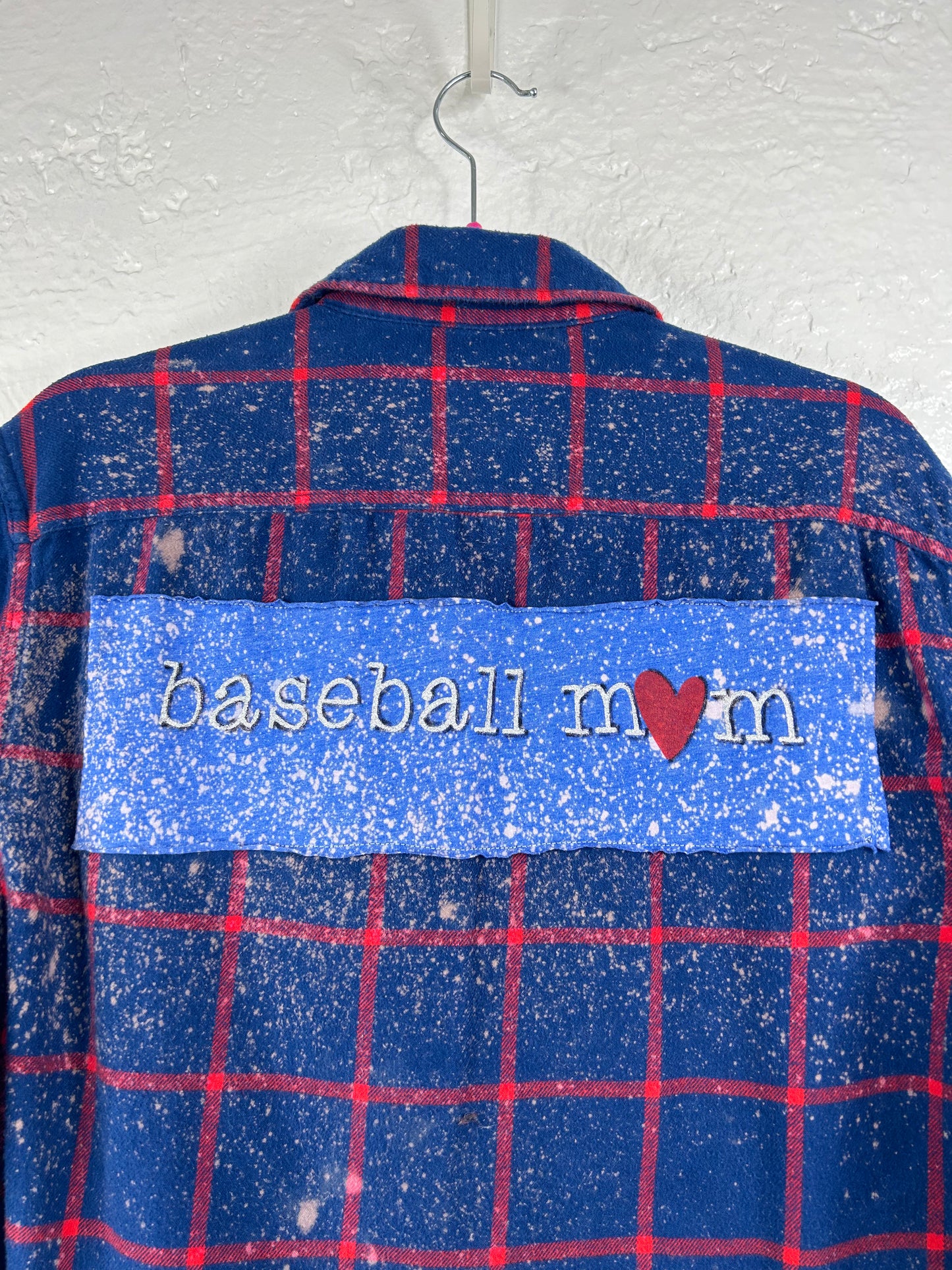 Baseball Mom upcycled flannel shirt unisex size M tall blue red