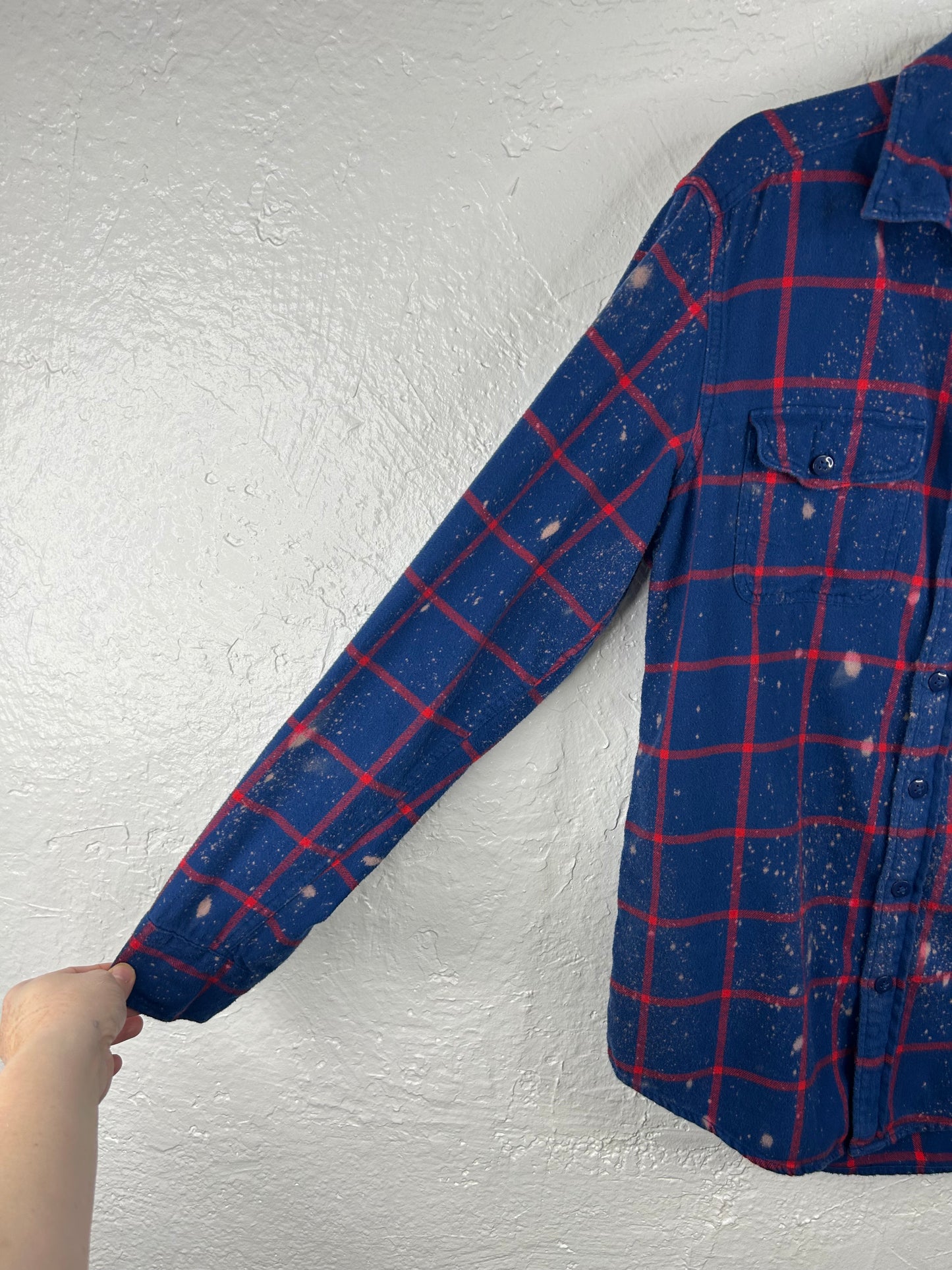 Baseball Mom upcycled flannel shirt unisex size M tall blue red