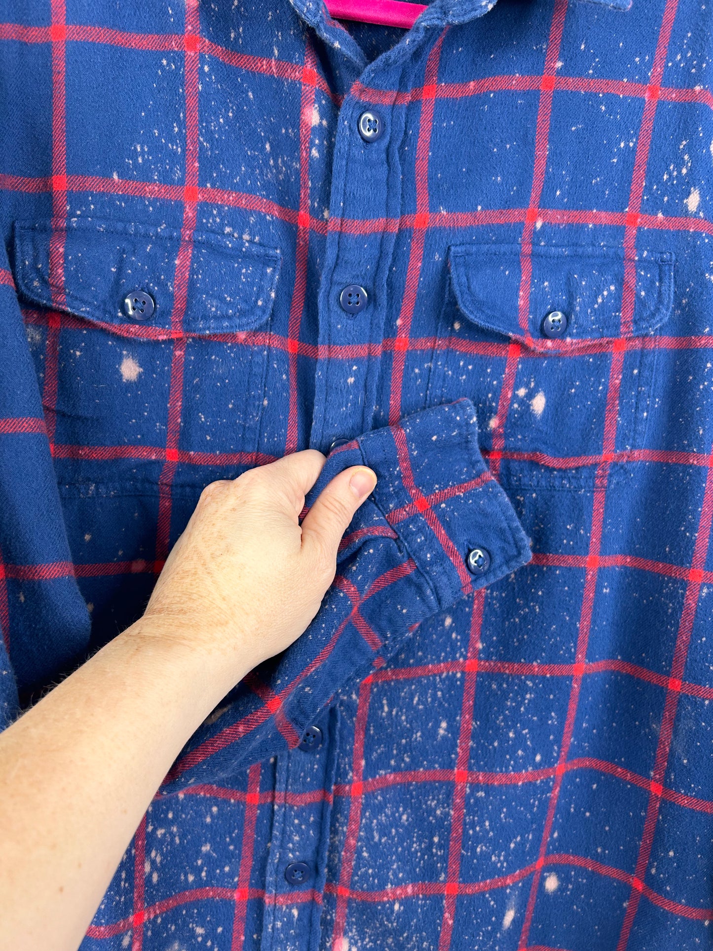 Baseball Mom upcycled flannel shirt unisex size M tall blue red