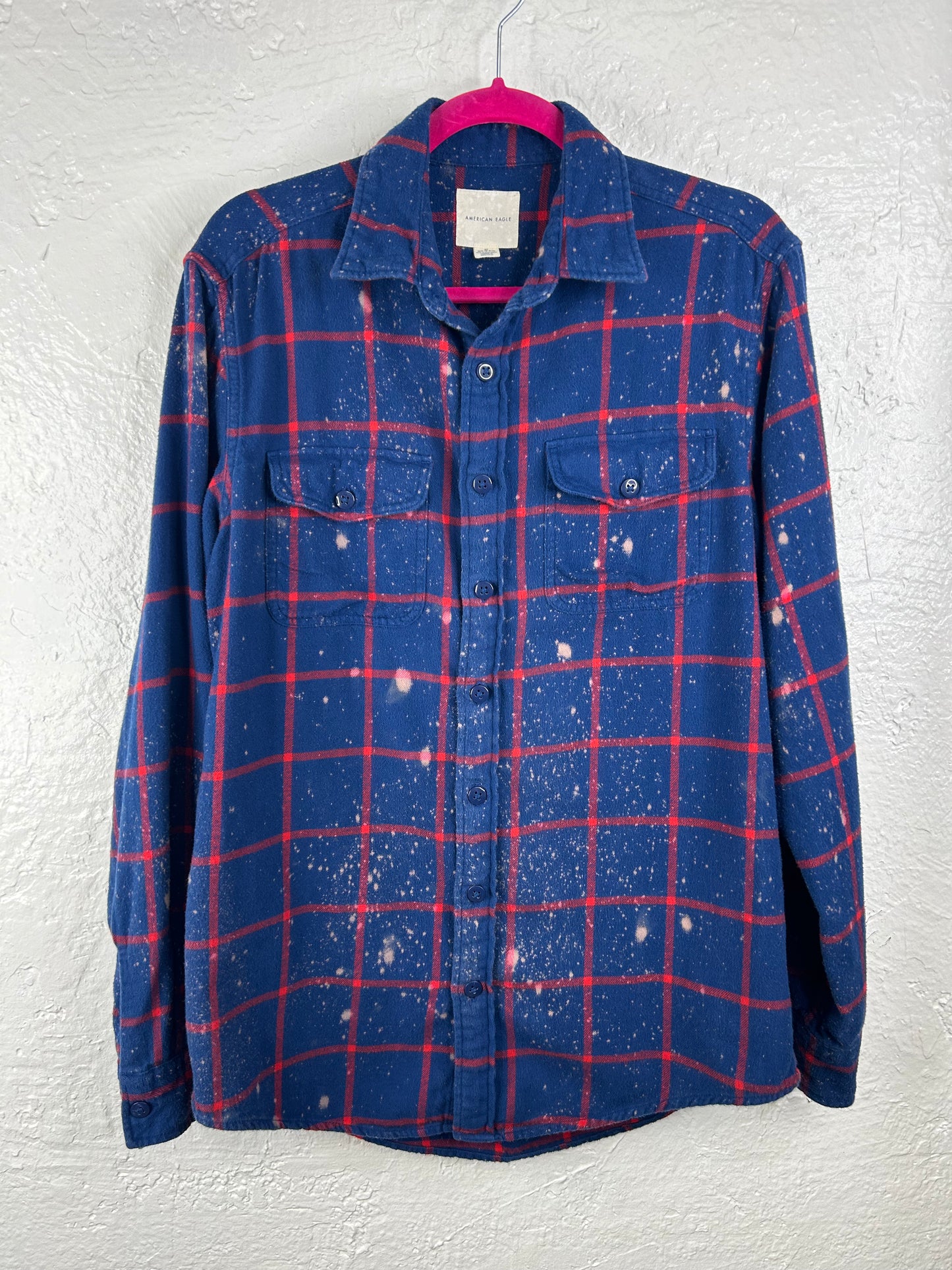 Baseball Mom upcycled flannel shirt unisex size M tall blue red