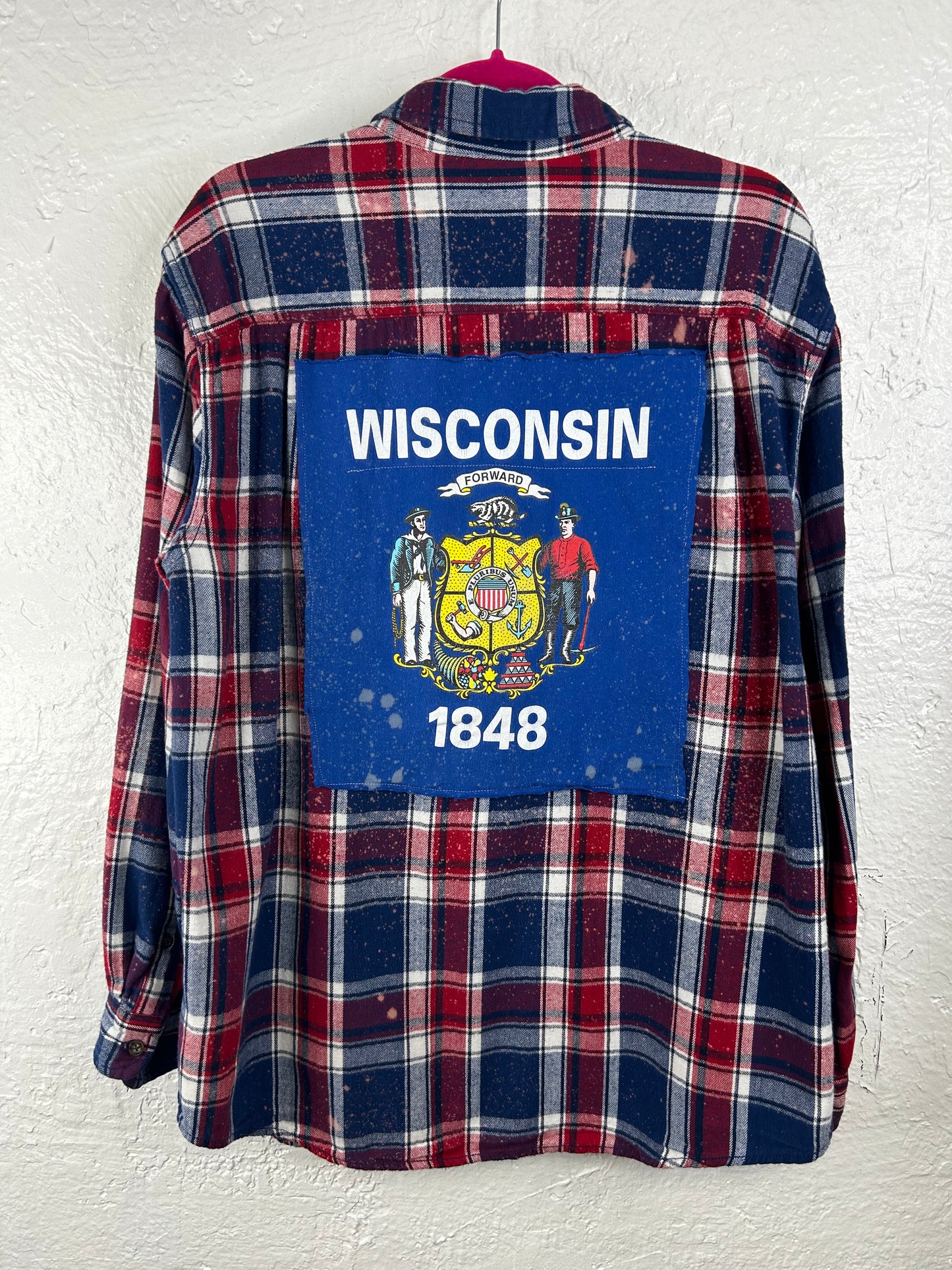 Wisconsin upcycled flannel shirt unisex size L blue red