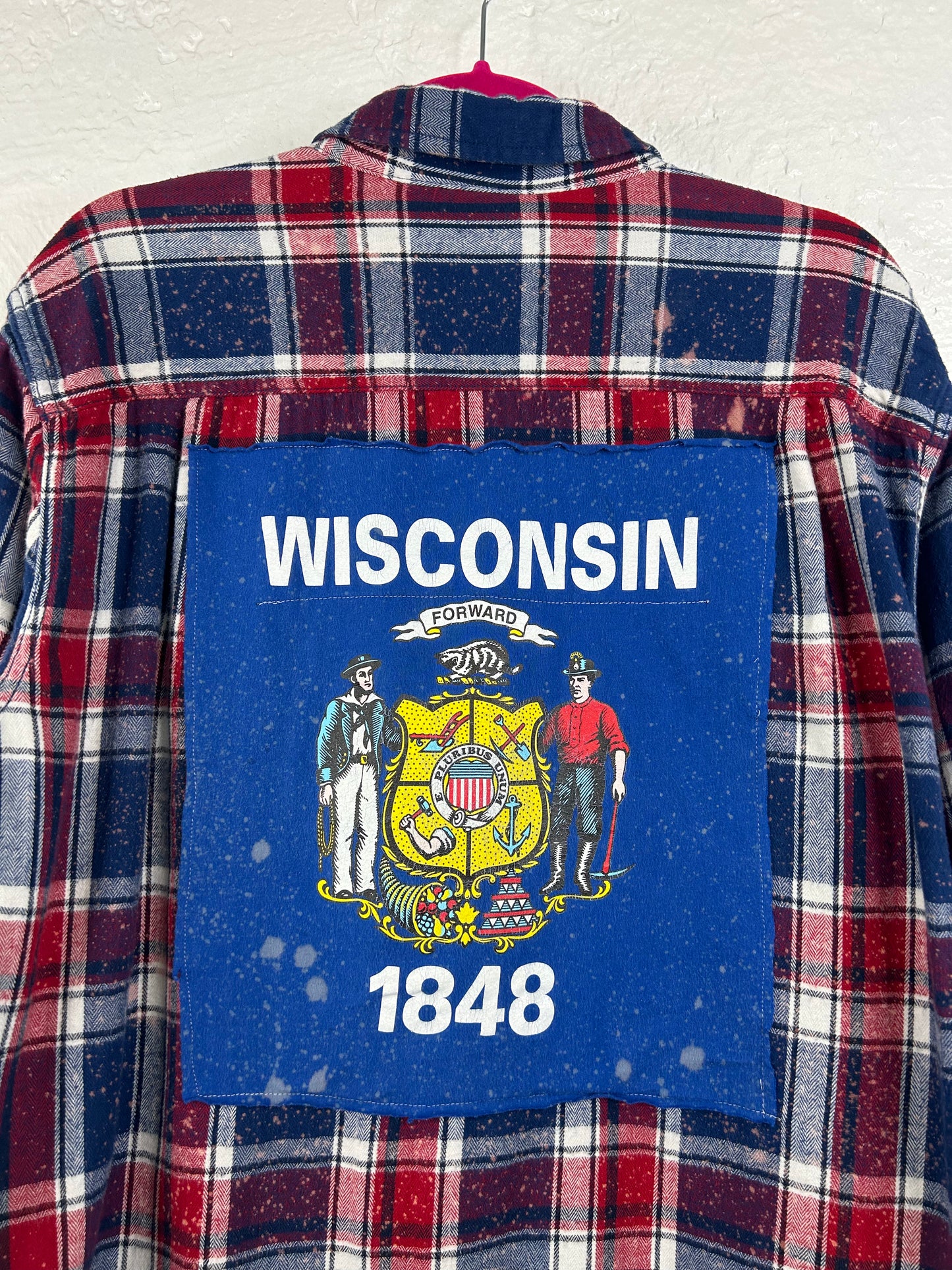 Wisconsin upcycled flannel shirt unisex size L blue red
