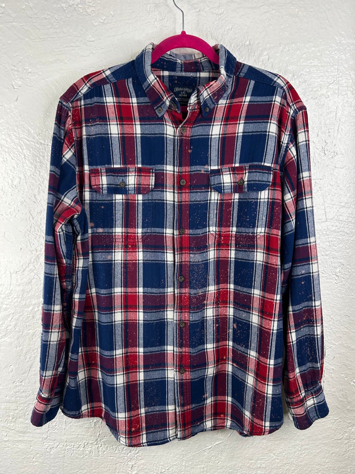 Wisconsin upcycled flannel shirt unisex size L blue red