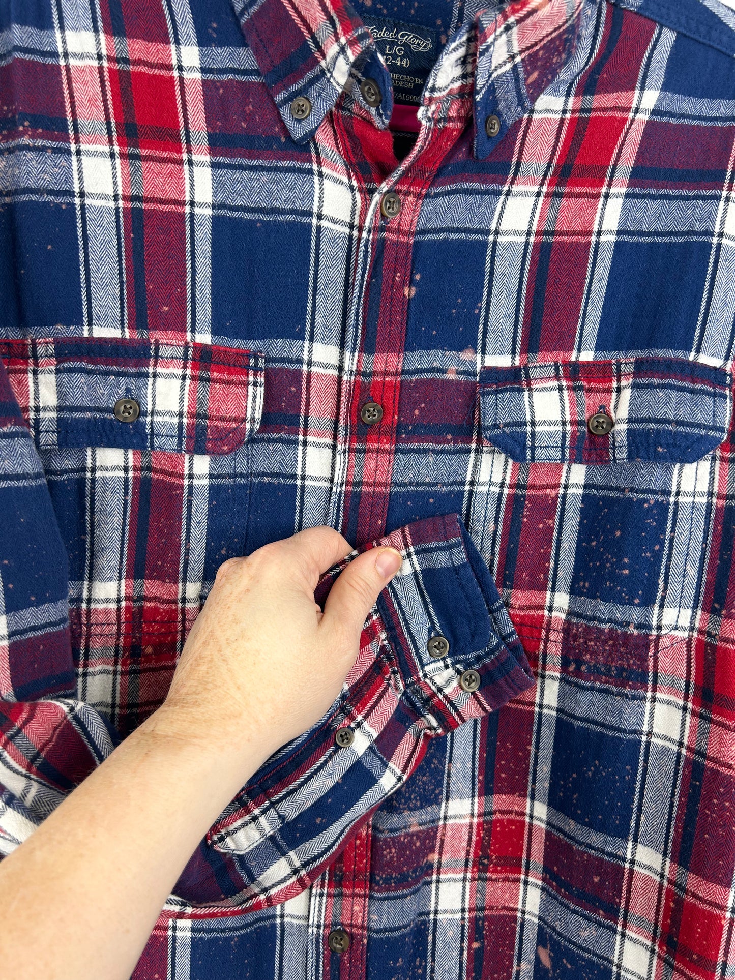 Wisconsin upcycled flannel shirt unisex size L blue red