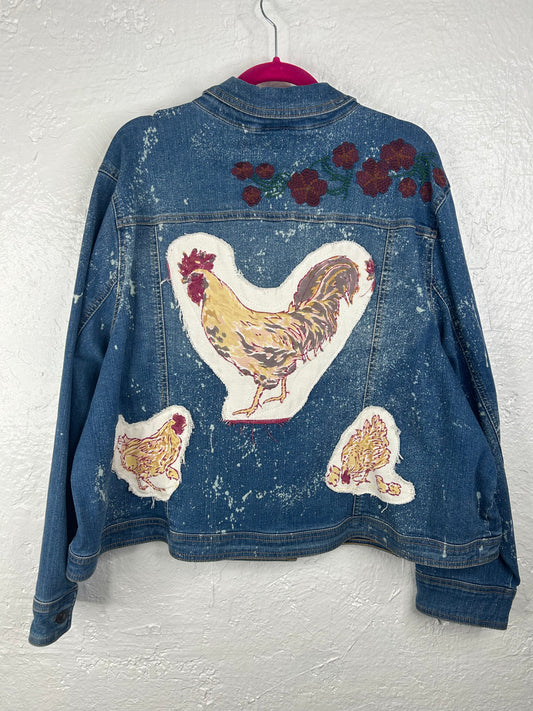 Chicken denim jacket upcycled women’s size 2X blue maroon