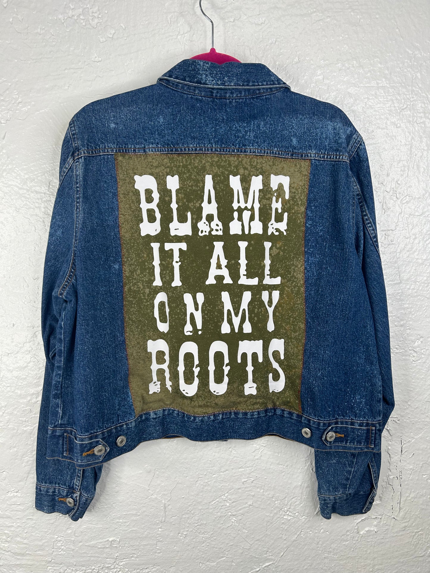 Blame It All On My Roots upcycled denim jacket womens size XL blue green