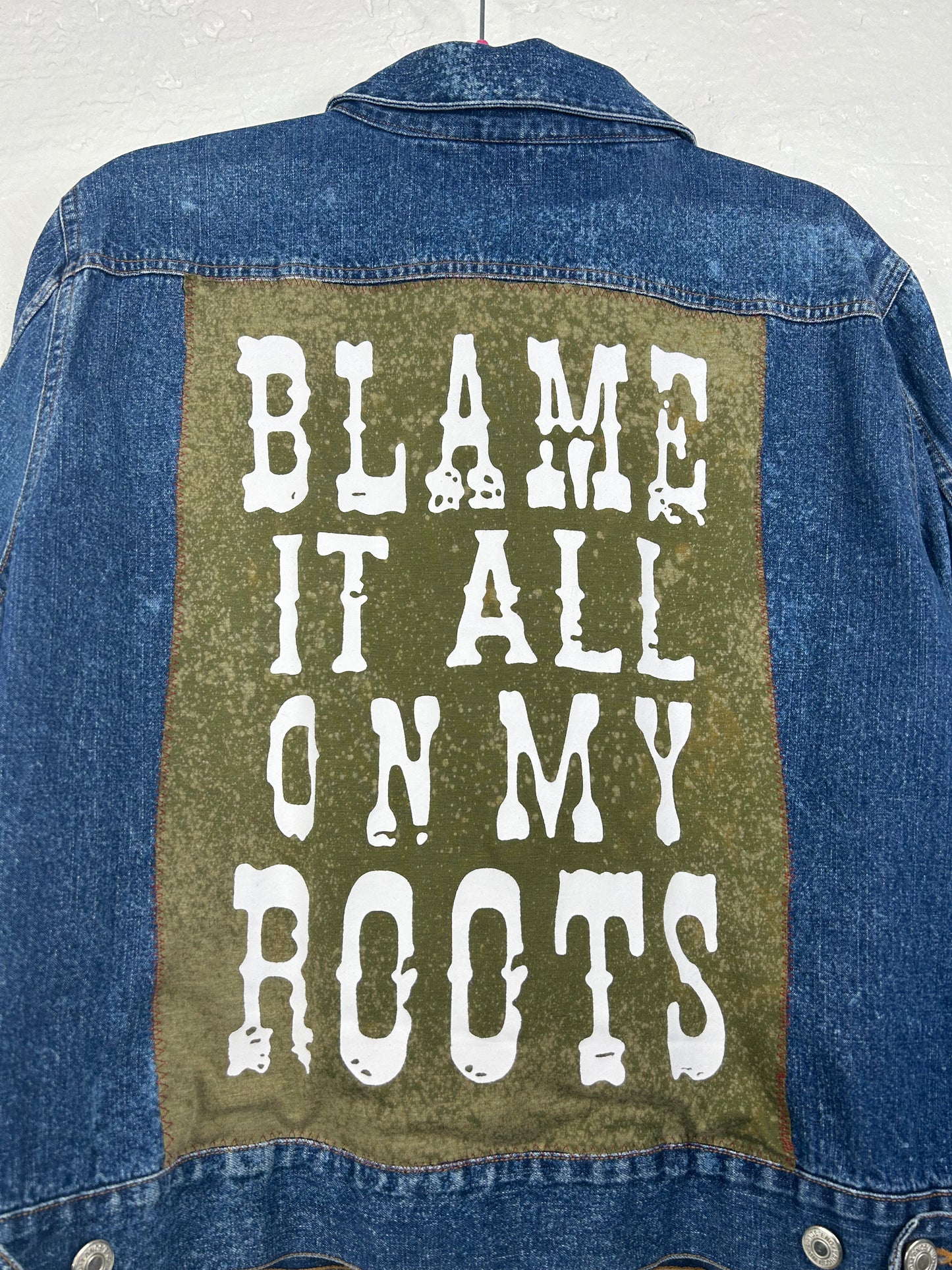 Blame It All On My Roots upcycled denim jacket womens size XL blue green