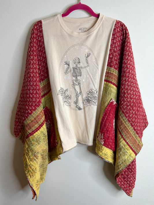 Happy Skeleton upcycled kantha poncho