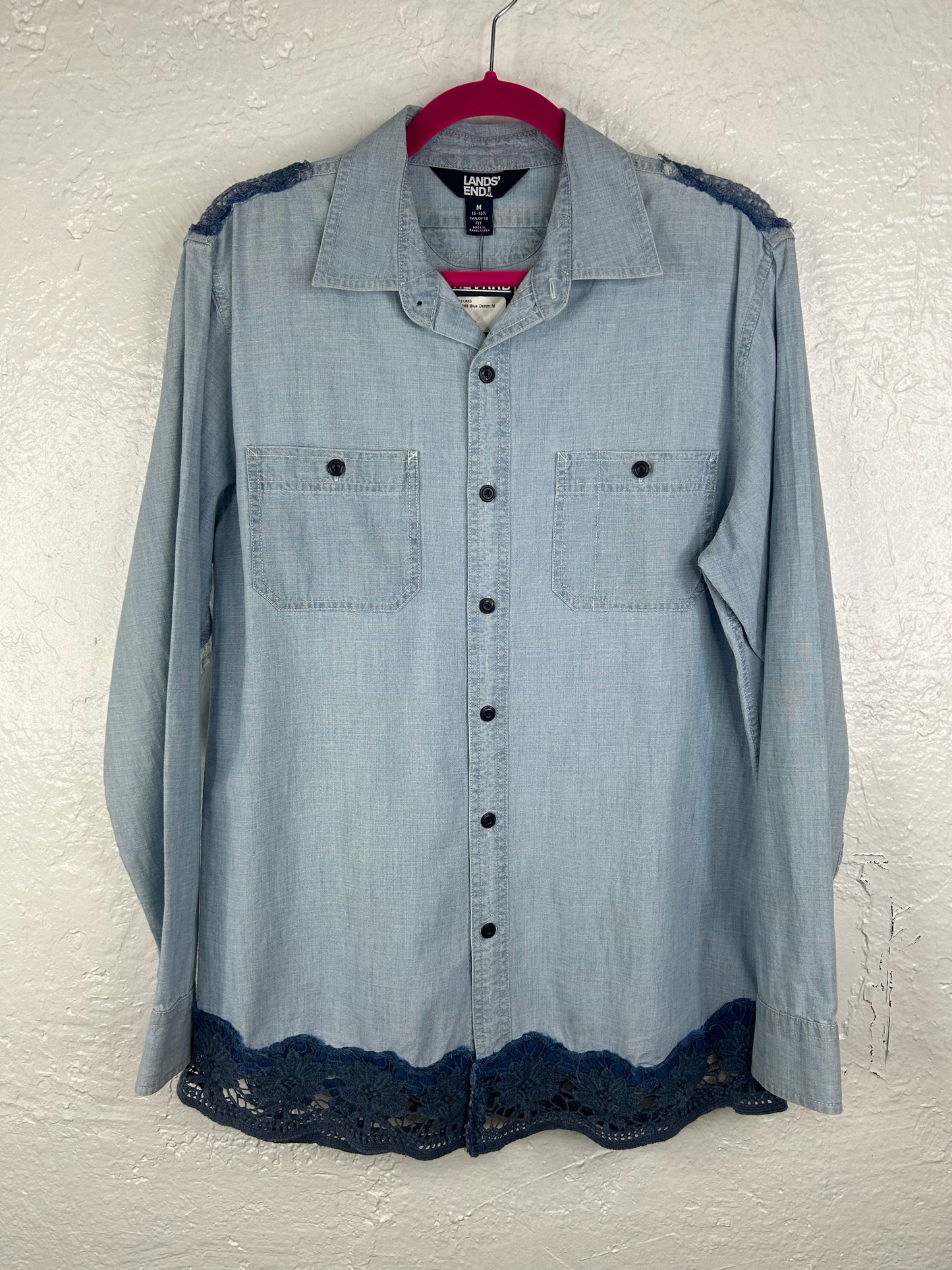 Boho blue denim upcycled shirt unisex size M blue