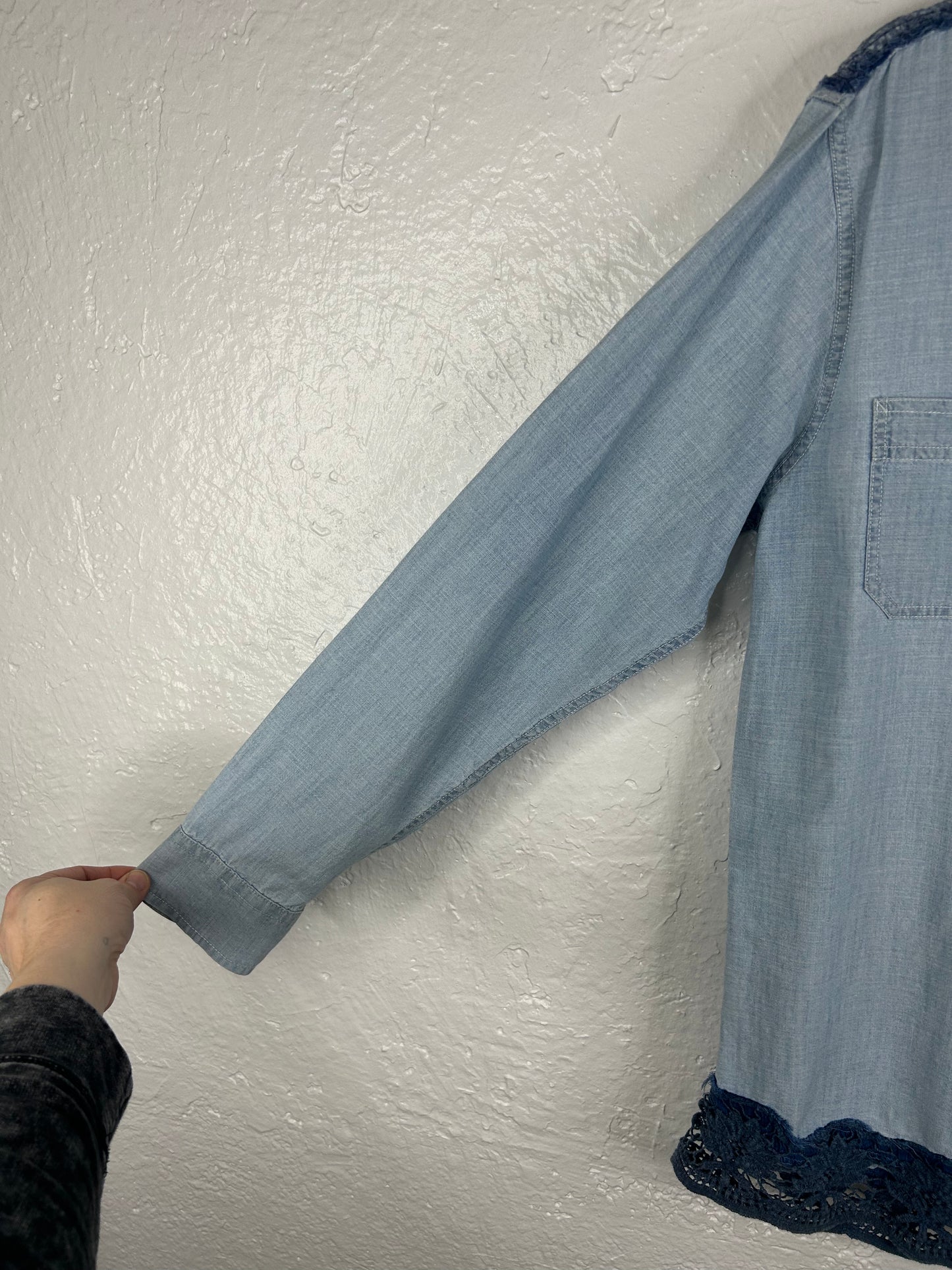 Boho blue denim upcycled shirt unisex size M blue