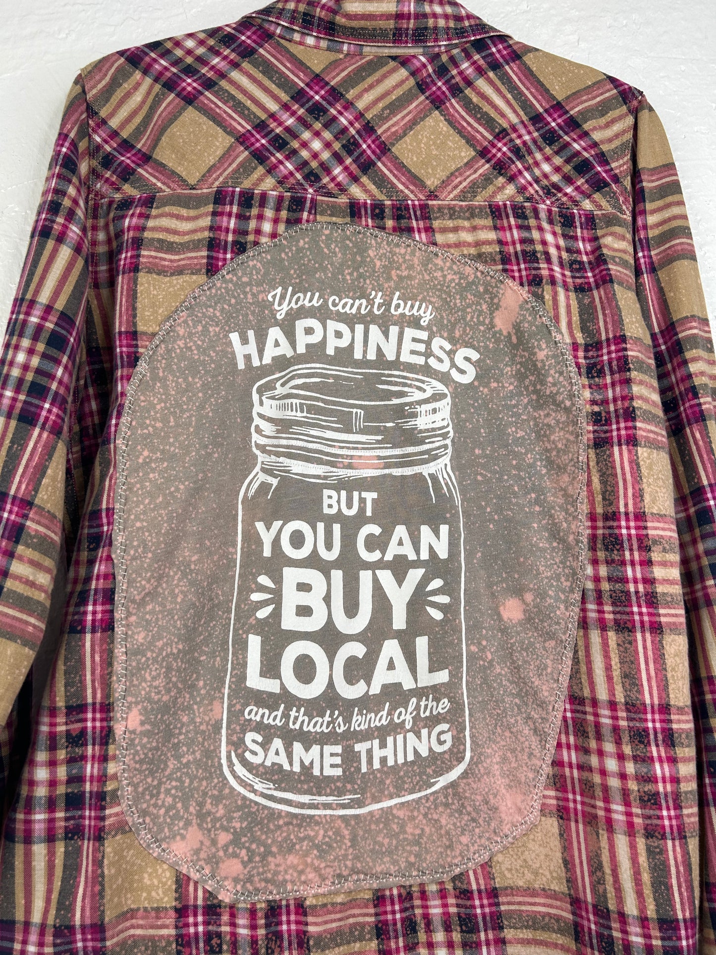 Buy Local upcycled flannel shirt womens size L pink brown