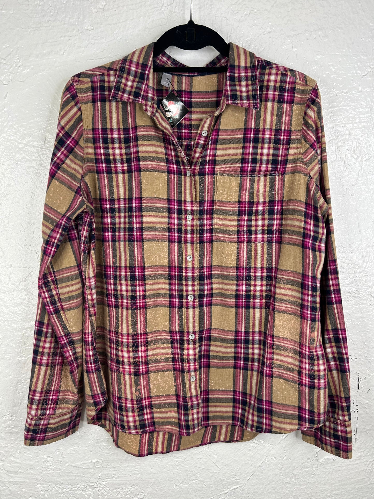 Buy Local upcycled flannel shirt womens size L pink brown