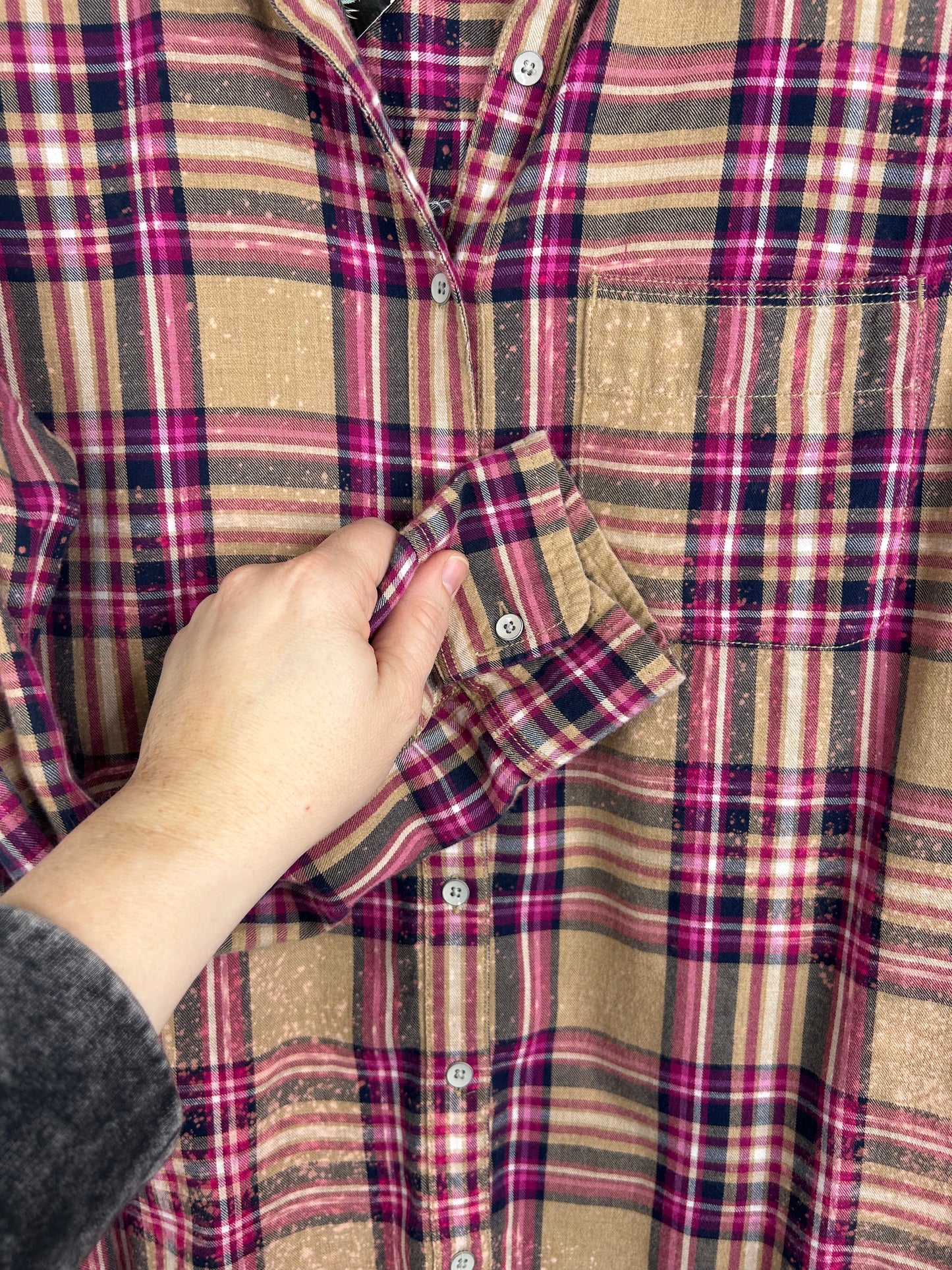 Buy Local upcycled flannel shirt womens size L pink brown