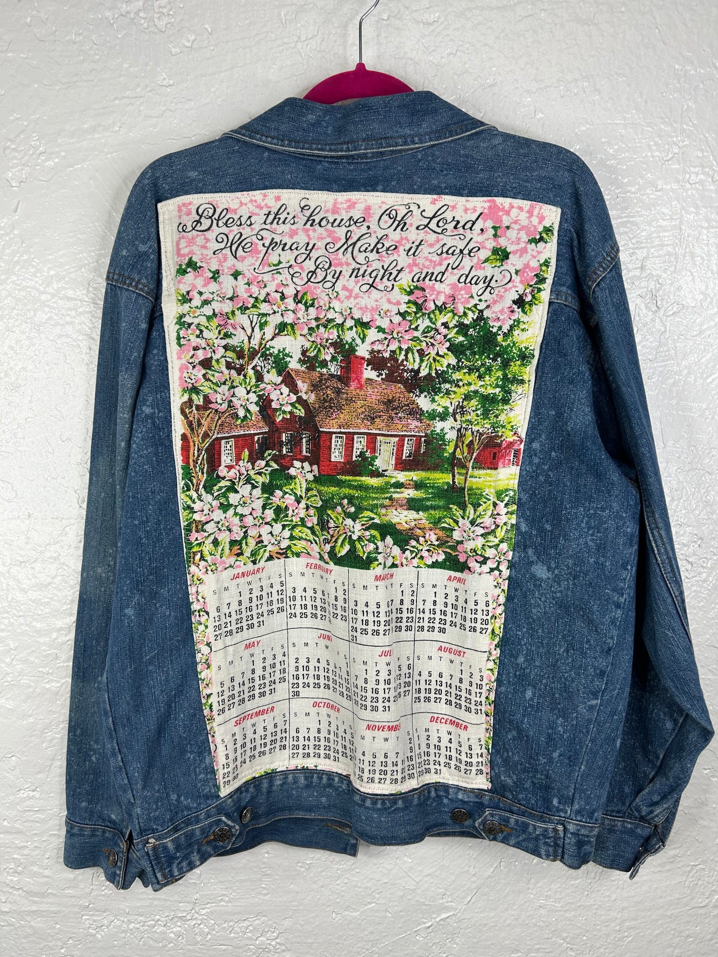 Bless This House upcycled denim jacket unisex size S blue white