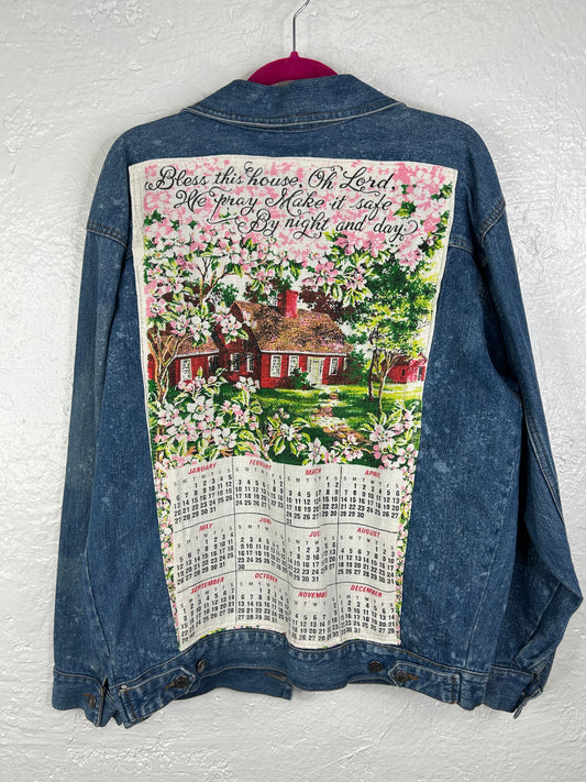 Bless This House upcycled denim jacket unisex size S blue white