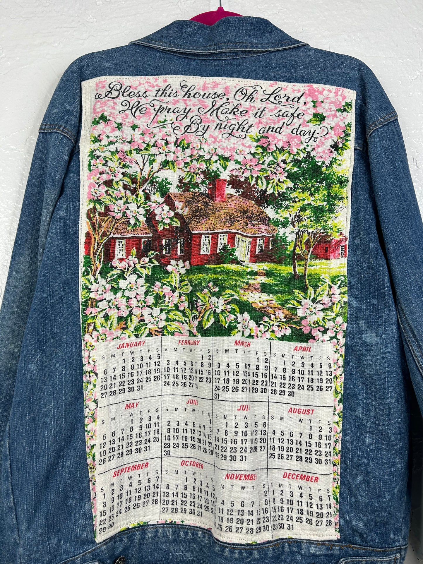 Bless This House upcycled denim jacket unisex size S blue white