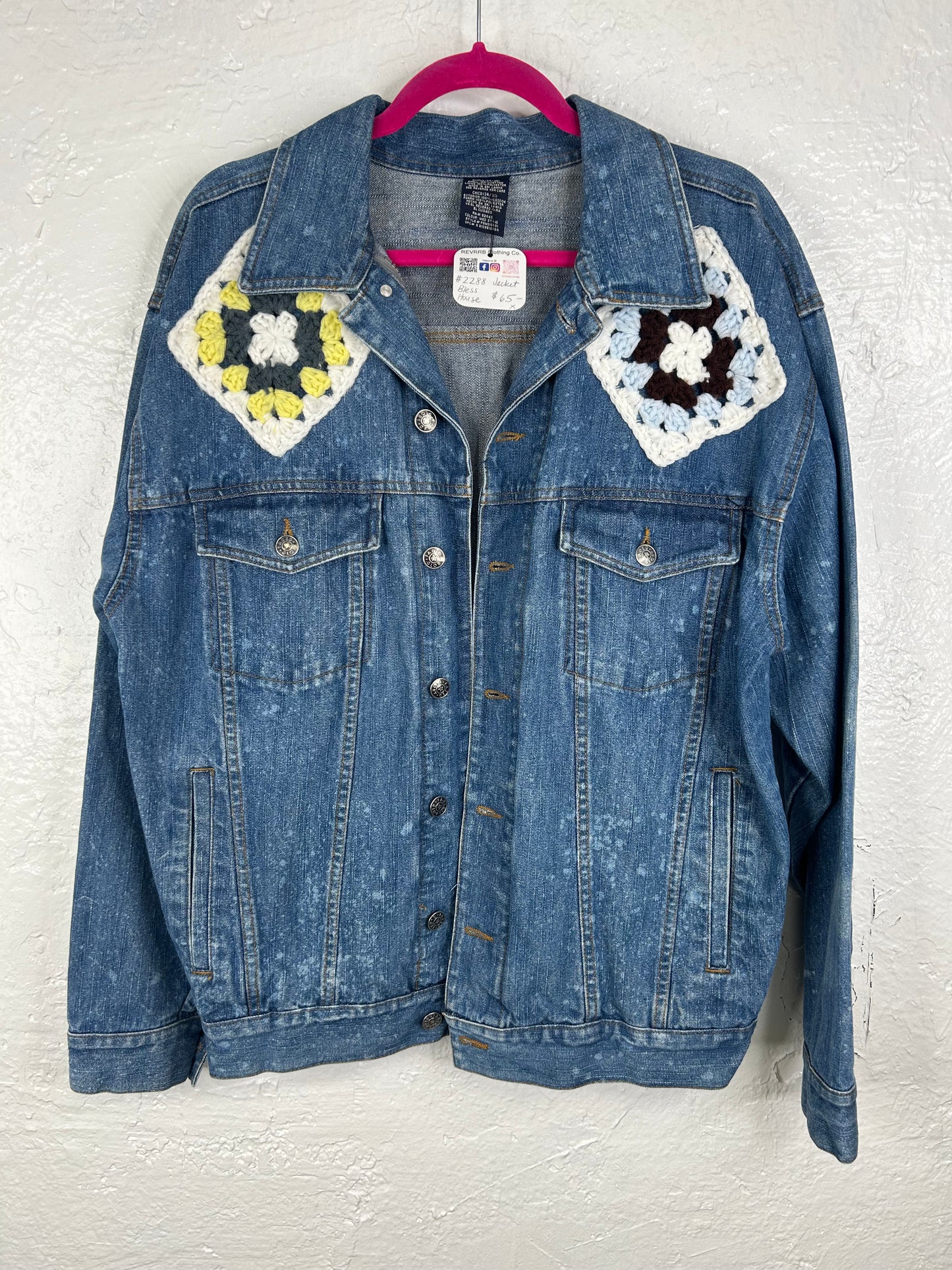 Bless This House upcycled denim jacket unisex size S blue white