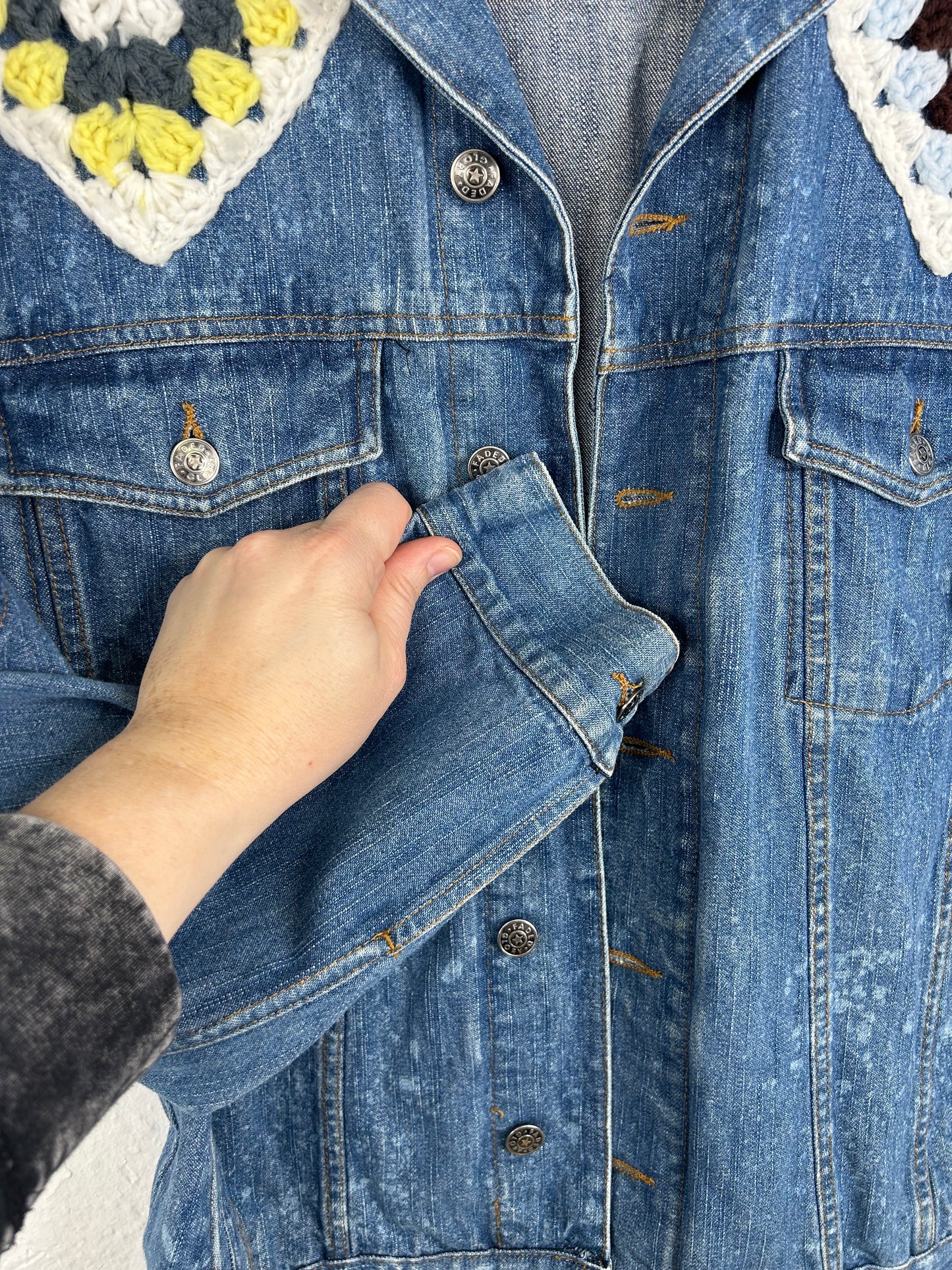 Bless This House upcycled denim jacket unisex size S blue white