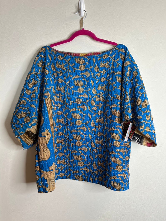 Blue reversible kantha blouse, one size