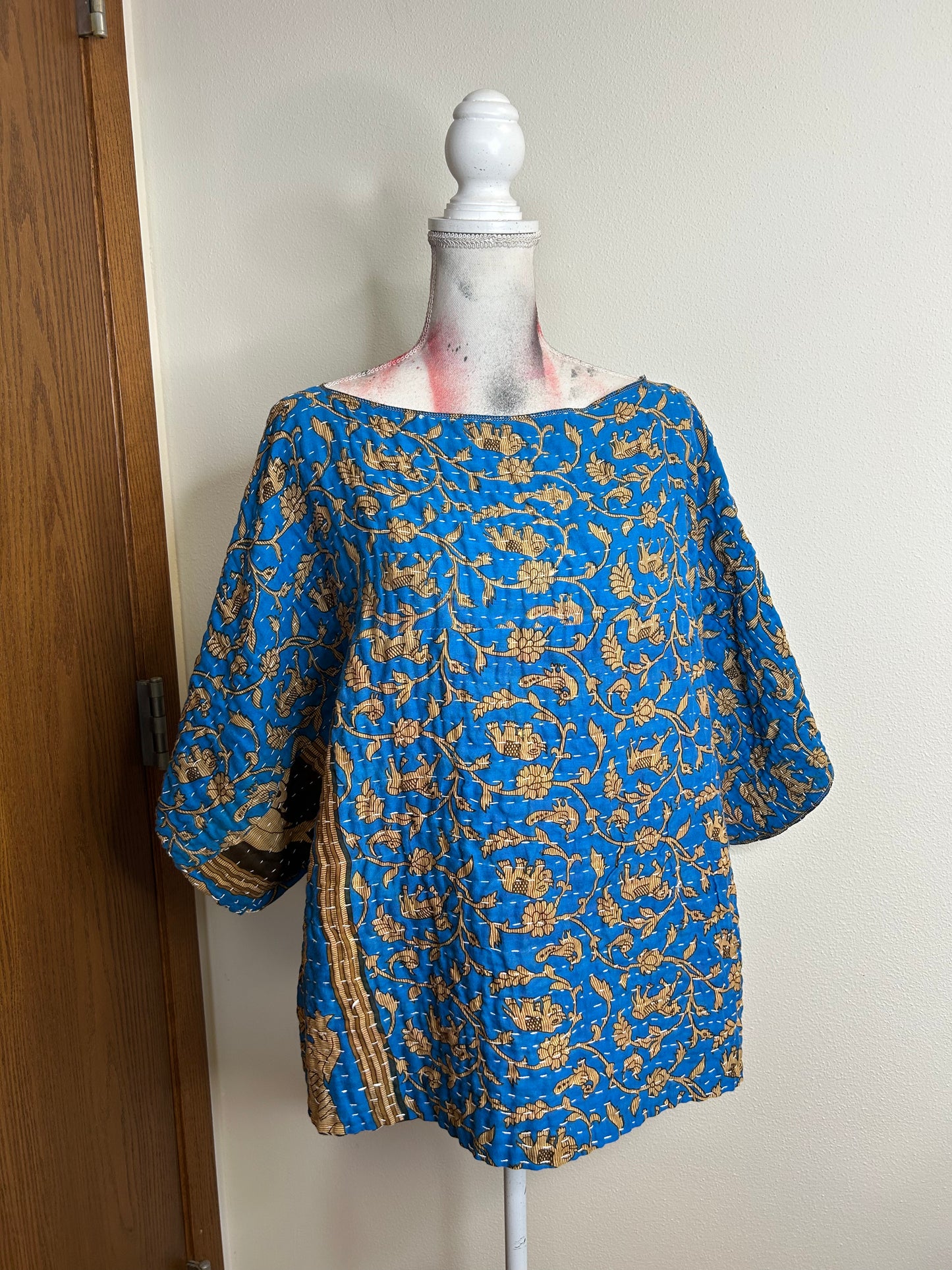 Blue reversible kantha blouse, one size
