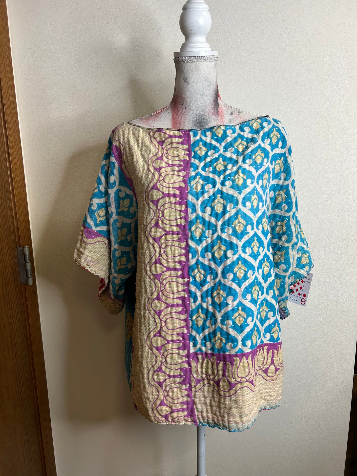 Blue and purple reversible kantha blouse, one size
