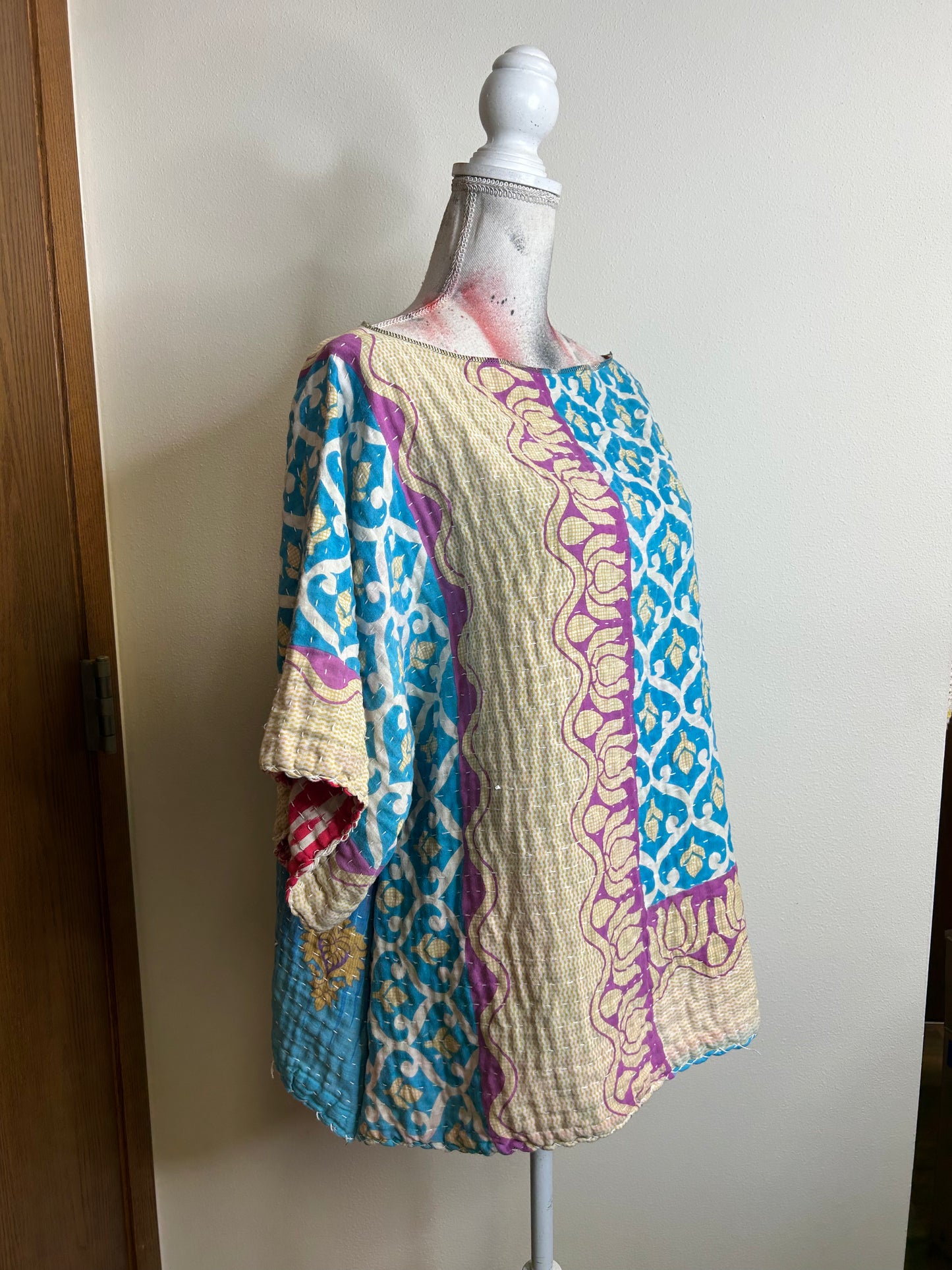 Blue and purple reversible kantha blouse, one size