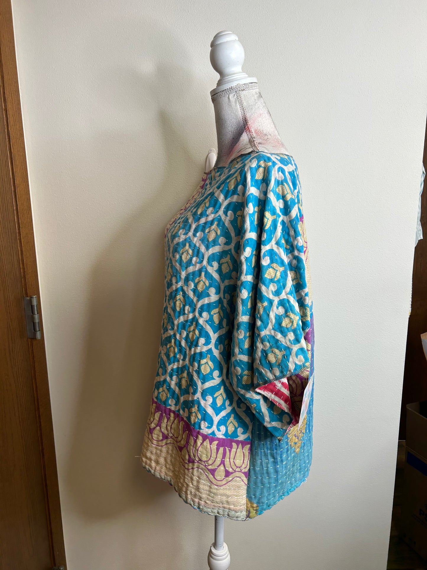 Blue and purple reversible kantha blouse, one size