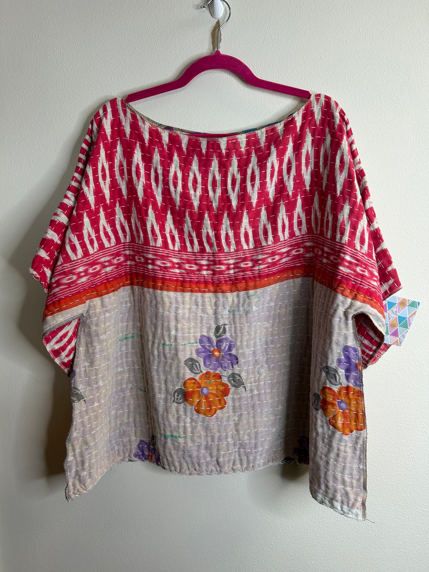 Blue and purple reversible kantha blouse, one size
