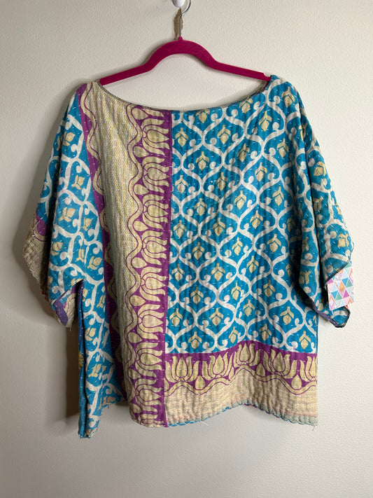 Blue and purple reversible kantha blouse, one size