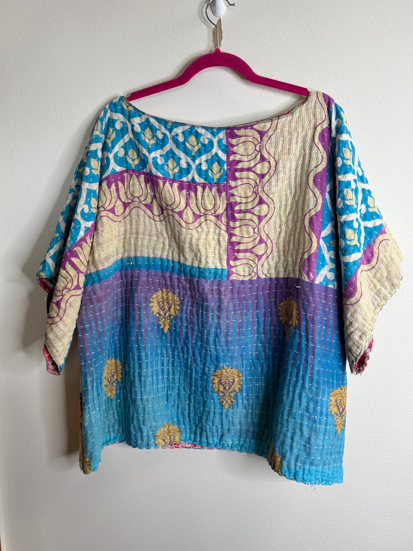 Blue and purple reversible kantha blouse, one size