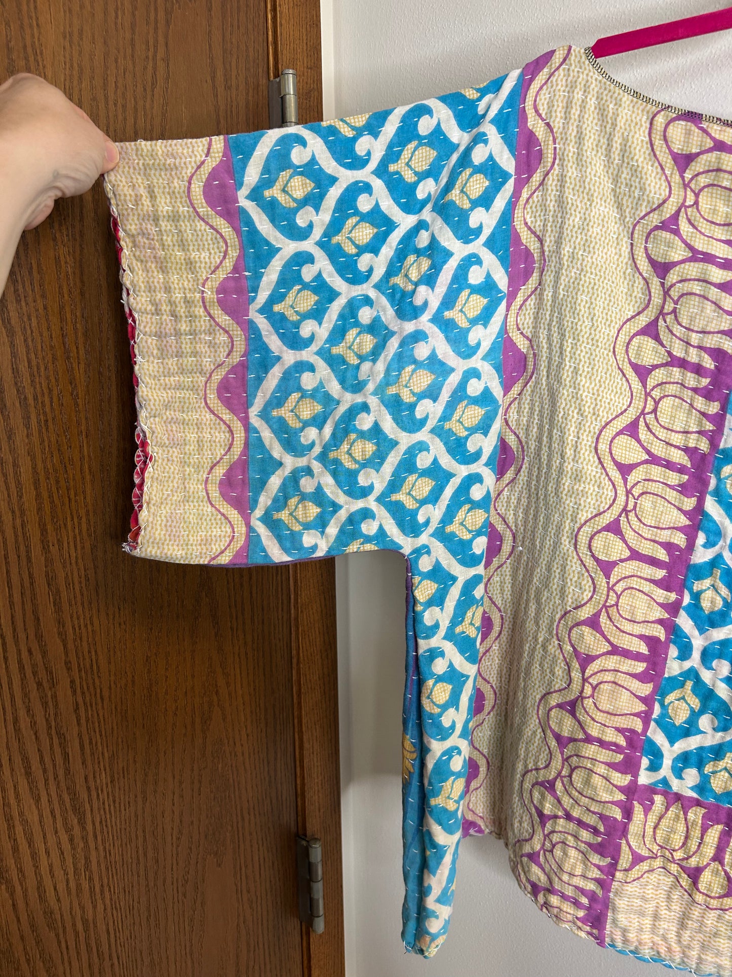 Blue and purple reversible kantha blouse, one size