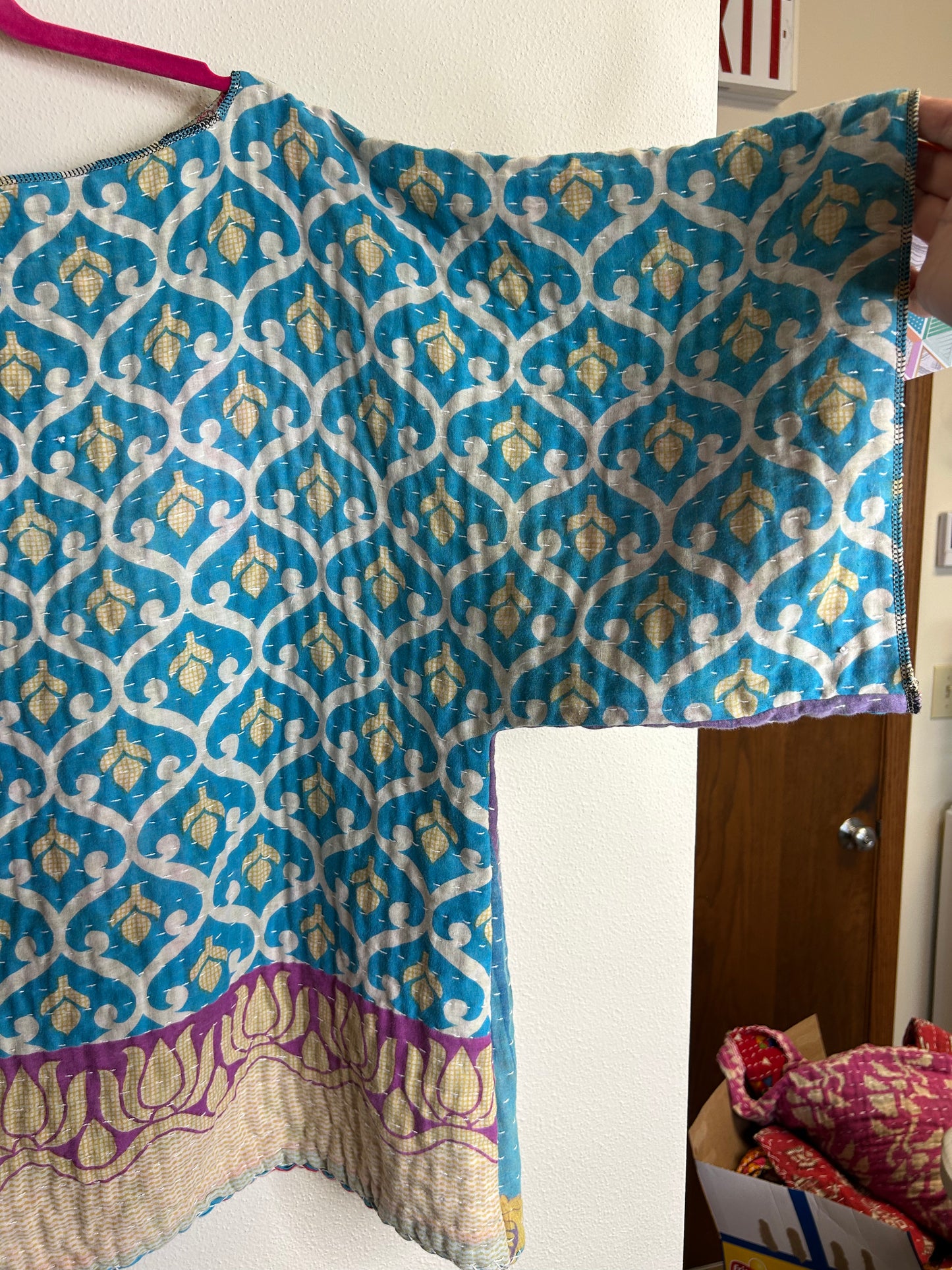 Blue and purple reversible kantha blouse, one size