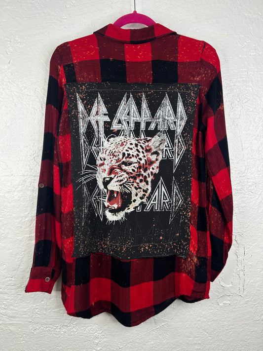 Def Leppard upcycled flannel shirt womens size XS red black