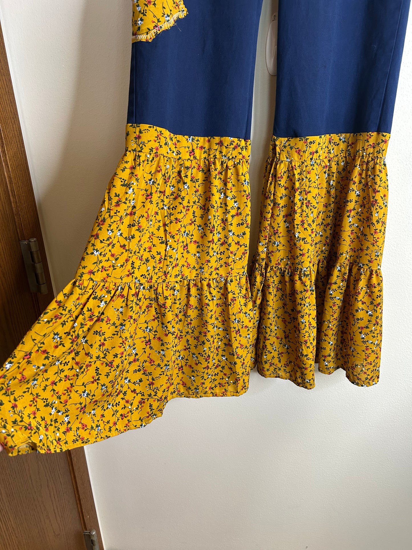 Upcycled flare pants size 8 navy and yellow