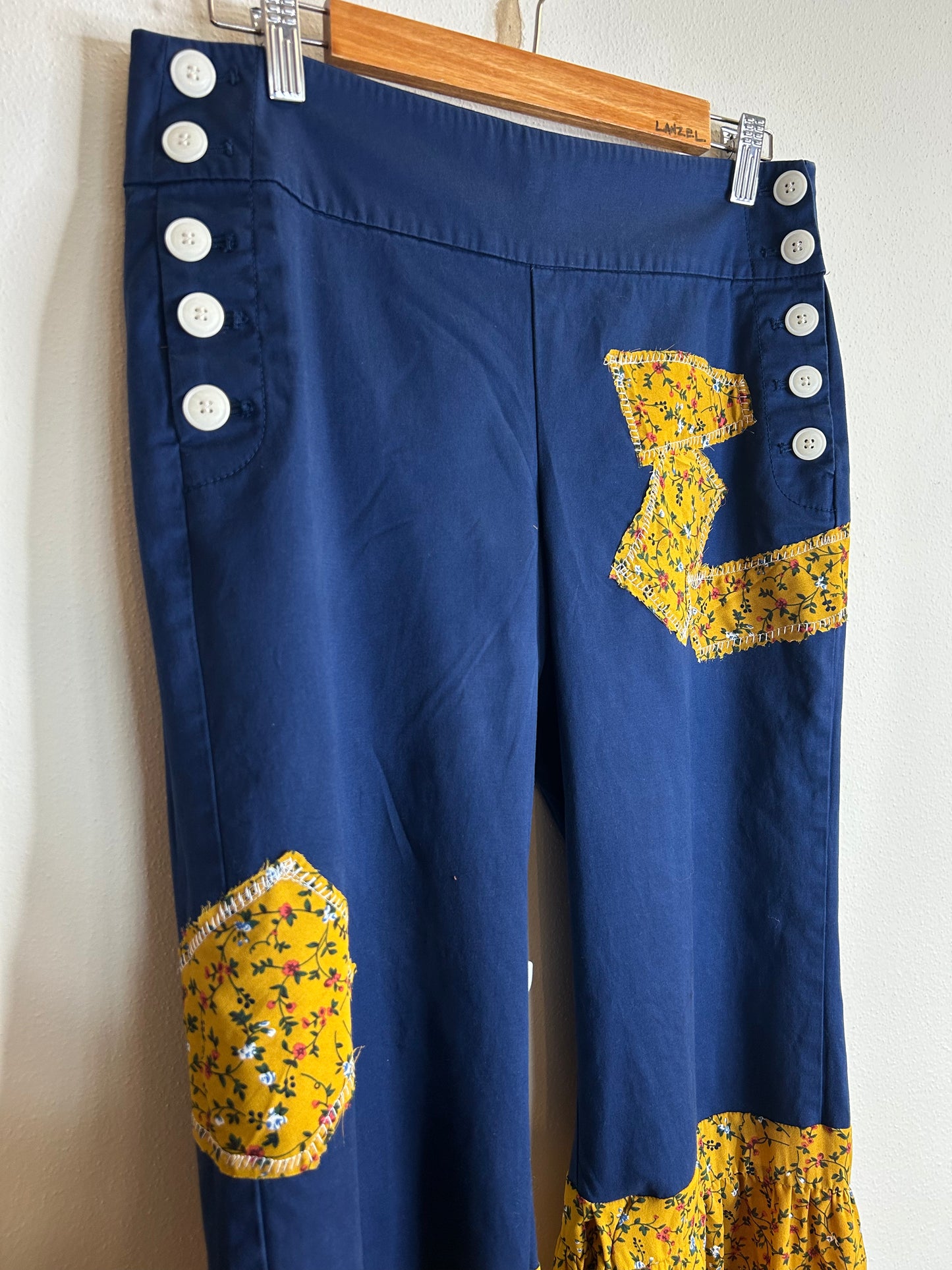 Upcycled flare pants size 8 navy and yellow