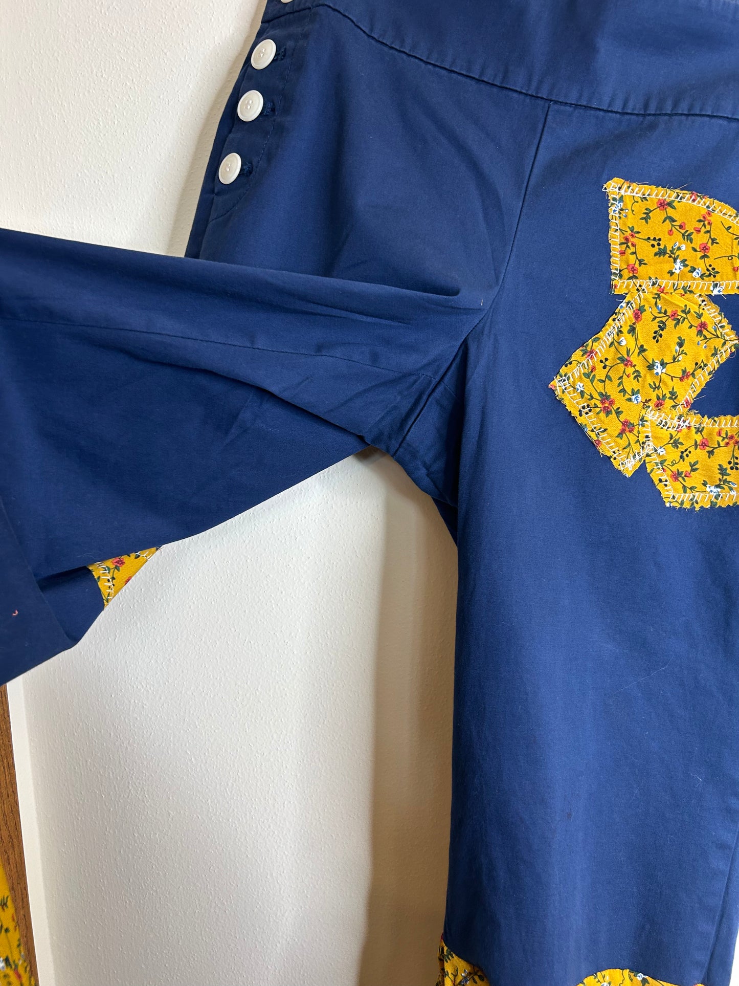 Upcycled flare pants size 8 navy and yellow
