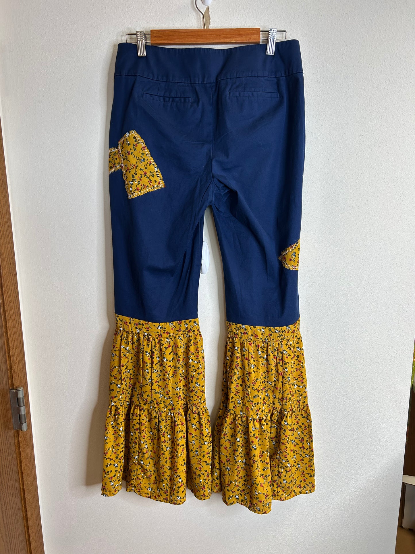 Upcycled flare pants size 8 navy and yellow